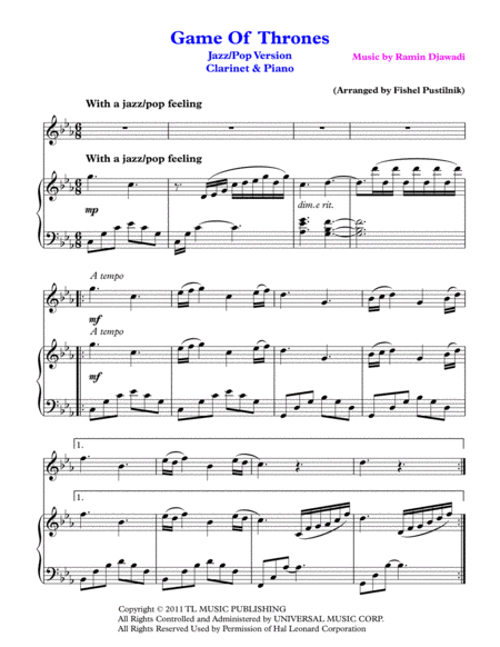 Game Of Thrones For Clarinet And Piano Jazz Pop Version Page 2