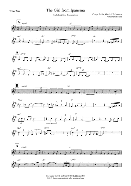 Girl From Ipanema For Tenor Saxophone Incl Transcribed Solo Page 2