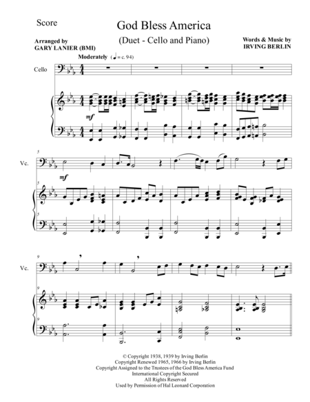 God Bless America Duet Cello Piano With Parts Page 2
