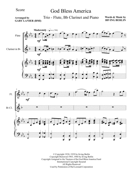 God Bless America Trio Flute Bb Clarinet And Piano Score And Parts Page 2