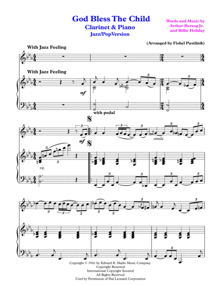 God Bless The Child For Clarinet And Piano Jazz Pop Version Page 2