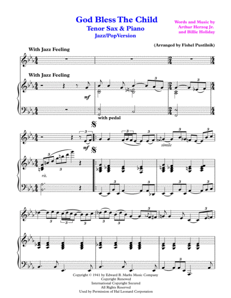 God Bless The Child For Tenor Sax And Piano Jazz Pop Version Page 2