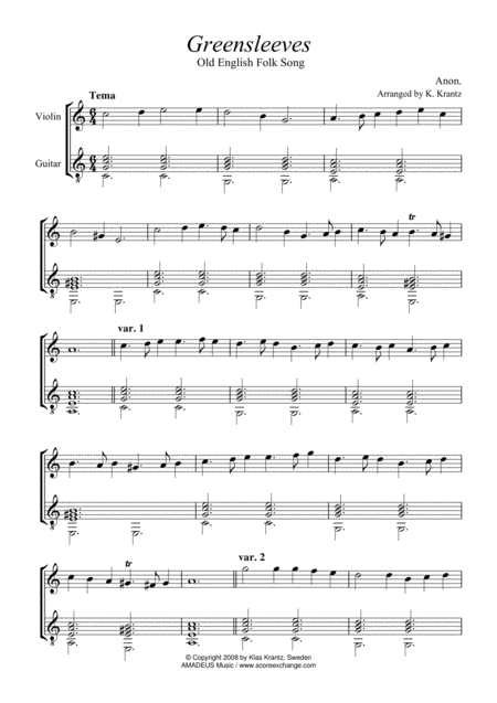 Greensleeves Variations For Violin And Guitar Page 2