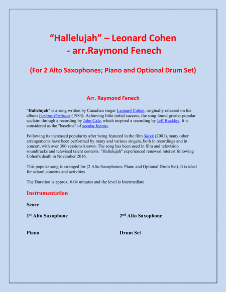 Hallelujah Leonard Cohen 2 Alto Saxophones And Piano With Optional Drum Set Page 2