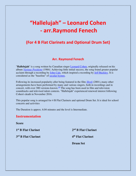 Hallelujah Leonard Cohen 4 B Flat Clarinets With Optional Drum Set Page 2