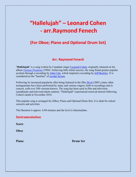 Hallelujah Leonard Cohen Oboe And Piano With Optional Drum Set Page 2