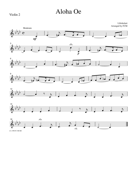 Hawaiian Folk Song Aloha Oe For String Quartet Jm002 Page 2