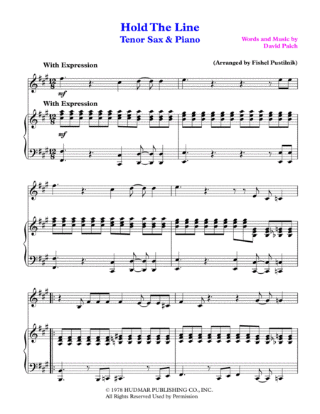 Hold The Line By Toto For Tenor Sax And Piano Video Page 2