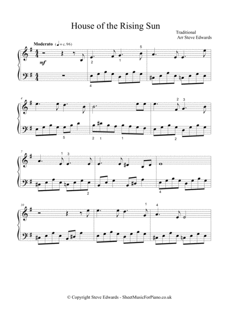 House Of The Rising Sun Piano Solo Moderate Page 2