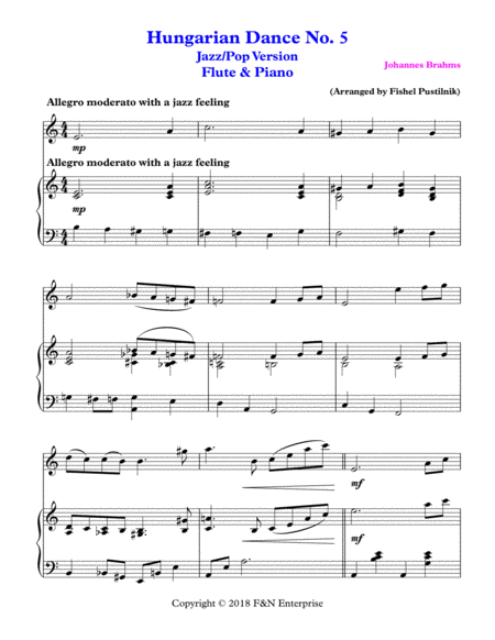 Hungarian Dance No 5 Piano Background For Flute And Piano Jazz Pop Version Page 2