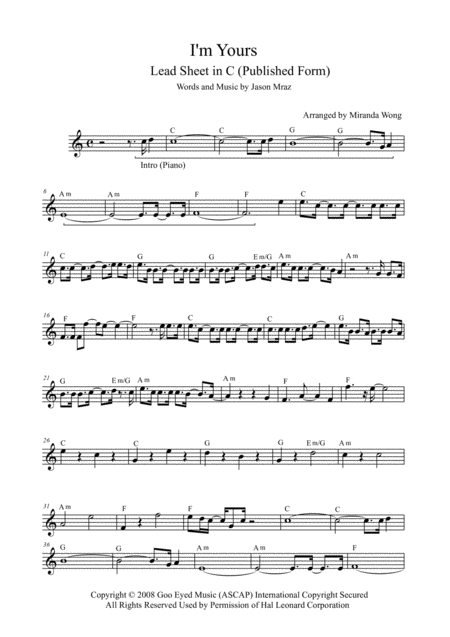 I M Yours Lead Sheet In 4 Different Keys With Chords Bb C D A Page 2