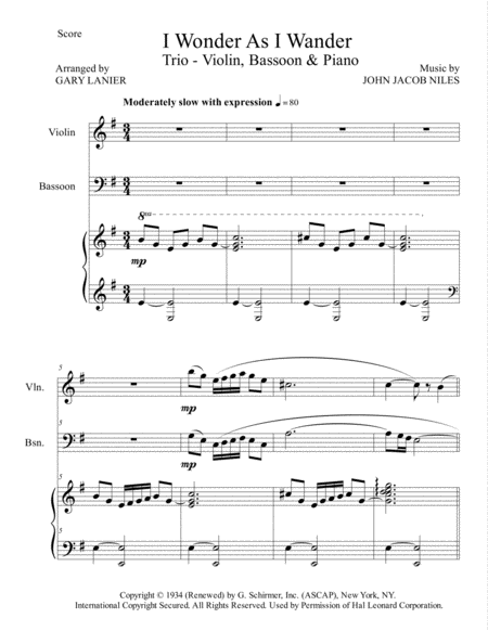 I Wonder As I Wander Trio Violin Bassoon And Piano Score With Parts Page 2