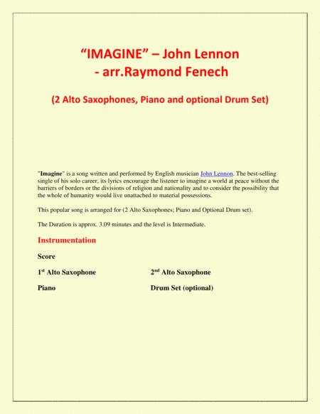 Imagine John Lennon 2 Alto Saxophones Piano And Optional Drum Set Intermediate Level Page 2