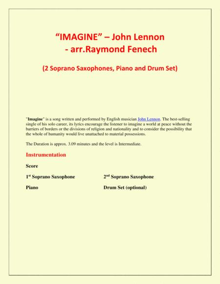 Imagine John Lennon 2 Soprano Saxophones Piano And Optional Drum Set Intermediate Level Page 2