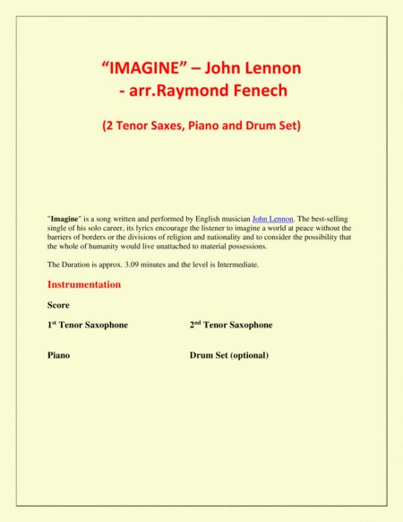 Imagine John Lennon 2 Tenor Saxophones Piano And Optional Drum Set Intermediate Level Page 2