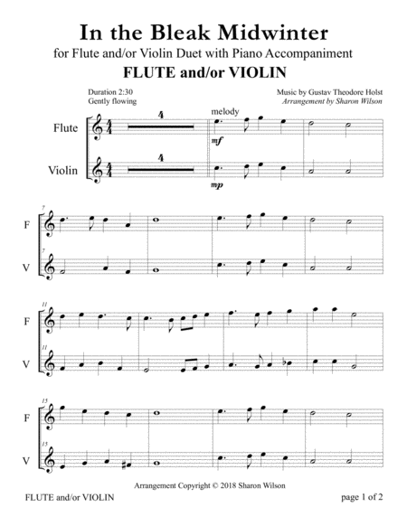 In The Bleak Midwinter For Flute And Or Violin Duet With Piano Accompaniment Page 2