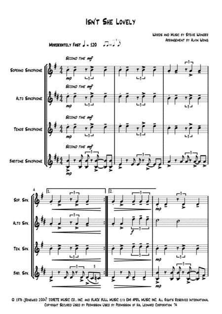 Isnt She Lovely F Major Saxophone Quartet Page 2