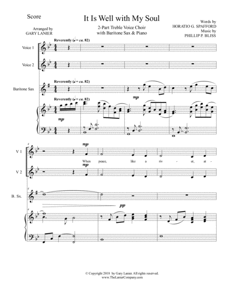 It Is Well With My Soul 2 Part Treble Voice Choir With Baritone Sax Piano Page 2