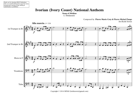 Ivorian Ivory Coast National Anthem Song Of Abidjan L Abidjanaise For Brass Quintet Page 2