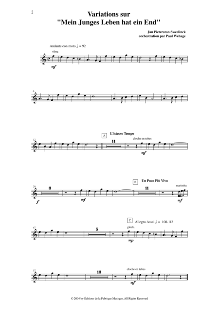 Jan Pieterszoon Sweelinck Paul Wehage Variations On Mein Juges Leben Hat Ein Ende Arranged For Concert Band Percussion 1 Part Page 2