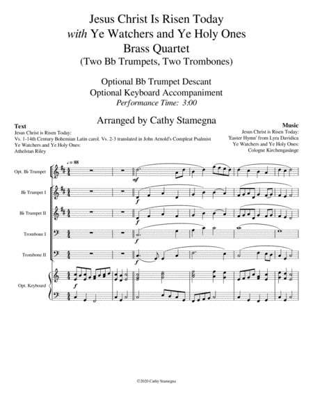 Jesus Christ Is Risen Today With Ye Watchers And Ye Holy Ones Brass Quartet Two Bb Trumpets Two Trombones Opt Bb Trumpet Opt Keyboard Acc Page 2