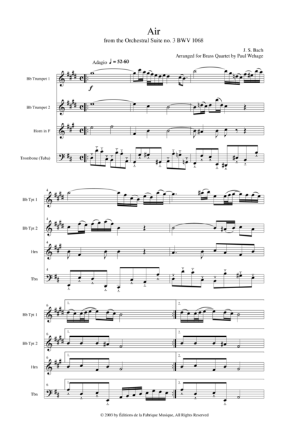 Js Bach Air From The Third Orchestral Suite Arranged For 2 Bb Trumpets F Horn And Trombone Tuba By Paul Wehage Page 2