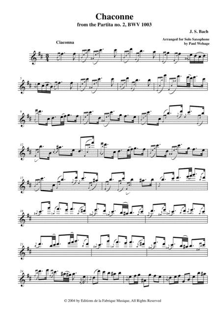 Js Bach Chaconne From The Partita No 2 Bwv 1003 Arranged For Solo Saxophone Page 2