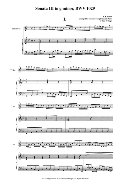 Js Bach Sonata No 3 In G Minor Bwv 1029 Arranged For Tenor Saxophone And Keyboard By Paul Wehagg Page 2