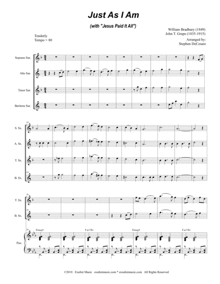 Just As I Am With Jesus Paid It All For Saxophone Quartet Piano Page 2