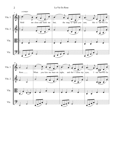 La Vie En Rose For String Quartet Intermediate Advanced Includes English Lyrics In 1st Violin Page 2