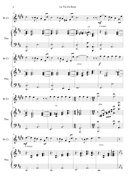 La Vie En Rose Instrumental Version For Clarinet Piano Page 2