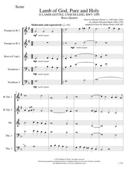 Lamb Of God Pure And Holy Bwv 1095 Brass Quartet Page 2