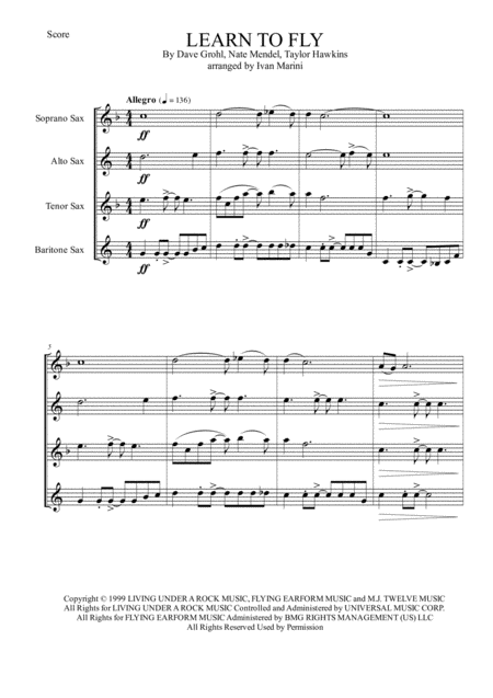 Learn To Fly Foo Fighters Saxophone Quartet Page 2