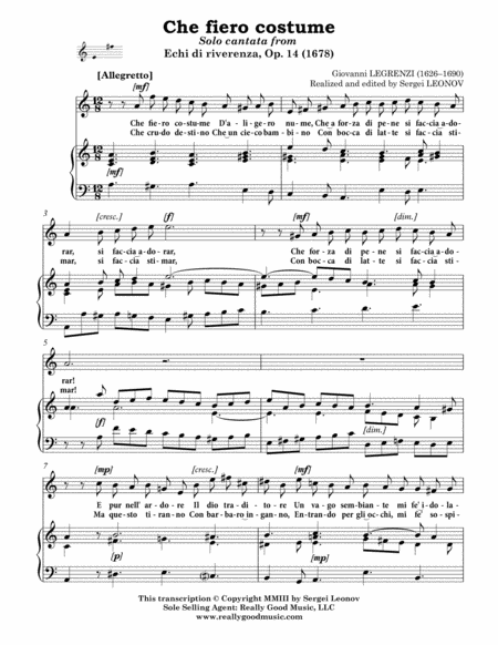 Legrenzi Giovanni Che Fiero Costume Cantata Arranged For Voice And Piano A Minor Page 2