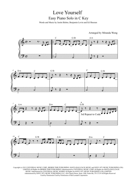 Love Yourself Easy Piano Solo In C Key With Chords Page 2