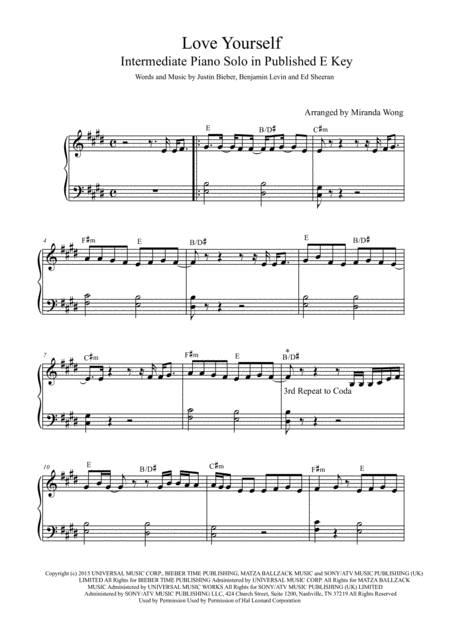 Love Yourself Intermediate Piano Solo In Published E Key With Chords Page 2