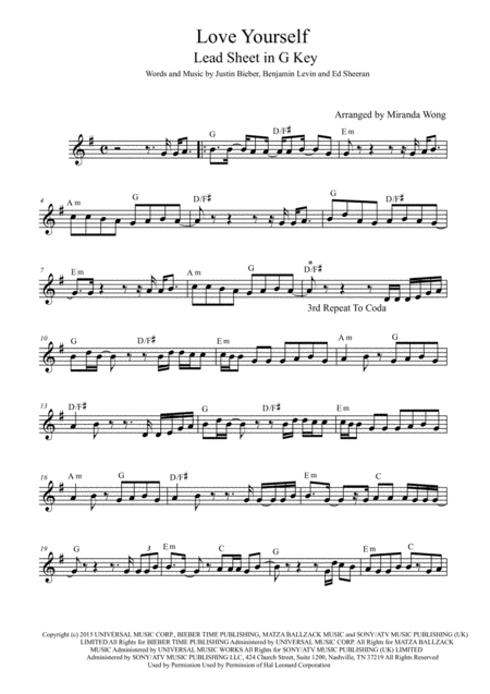 Love Yourself Lead Sheet In 3 Keys With Chords Page 2