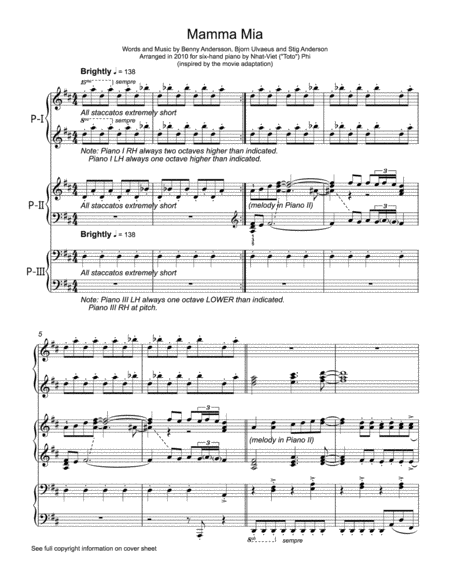 Mamma Mia 6 Hand Piano Arrangement Page 2