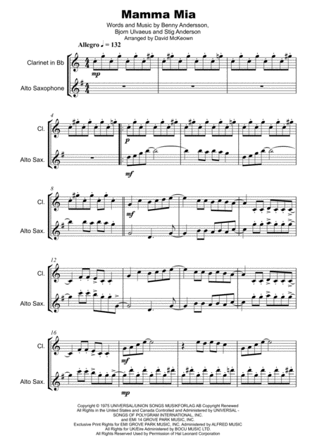 Mamma Mia By Abba For Clarinet And Alto Saxophone Duet Page 2