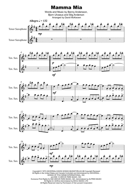 Mamma Mia By Abba For Tenor Saxophone Duet Page 2