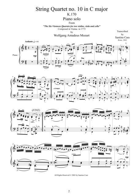 Mozart Complete String Quartet No 10 In C Major K170 For Piano Solo Page 2