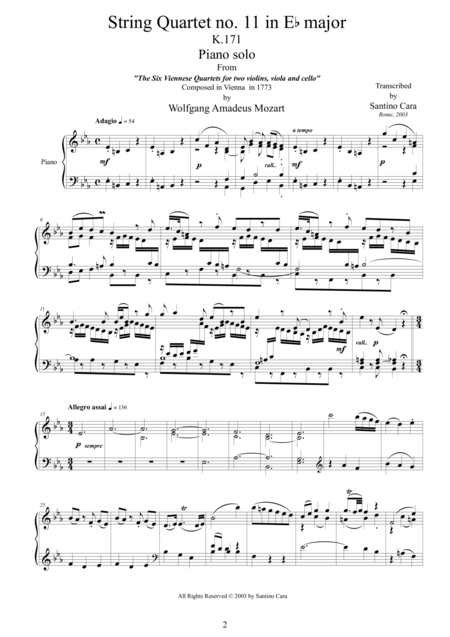 Mozart Complete String Quartet No 11 In E Flat Major K171 For Piano Solo Page 2