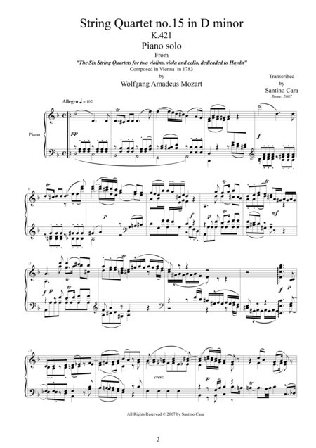 Mozart Complete String Quartet No 15 In D Minor K421 For Piano Solo Page 2