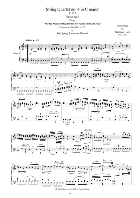 Mozart Complete String Quartet No 4 In C Major K157 For Piano Solo Page 2