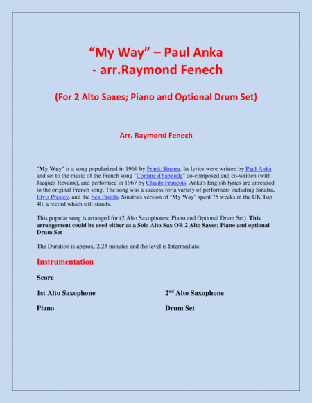 My Way By Paul Anka 2 Alto Saxess And Piano With Optional Drum Set Page 2