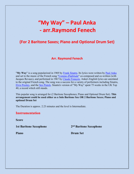 My Way By Paul Anka 2 Baritone Saxes And Piano With Optional Drum Set Page 2