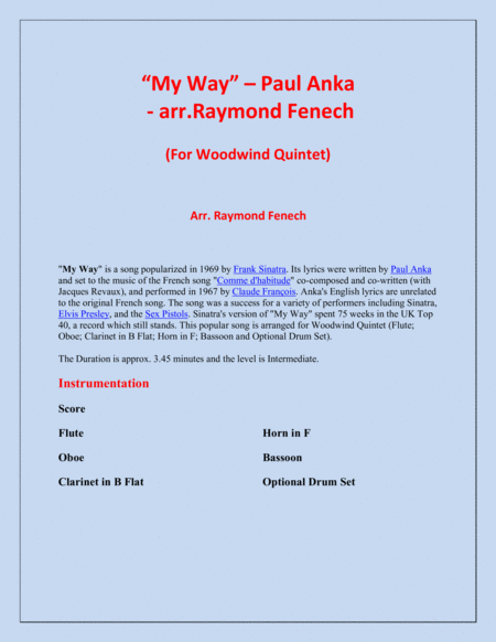 My Way Woodwind Quintet Flute Oboe B Flat Clarinet Horn In F Bassoon And Optional Drum Set Page 2
