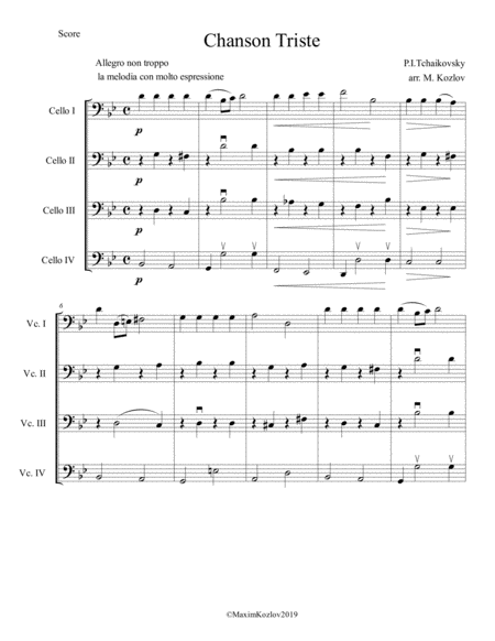 P I Tchaikovsky Chanson Triste Op 40 For Cello Quartet Page 2