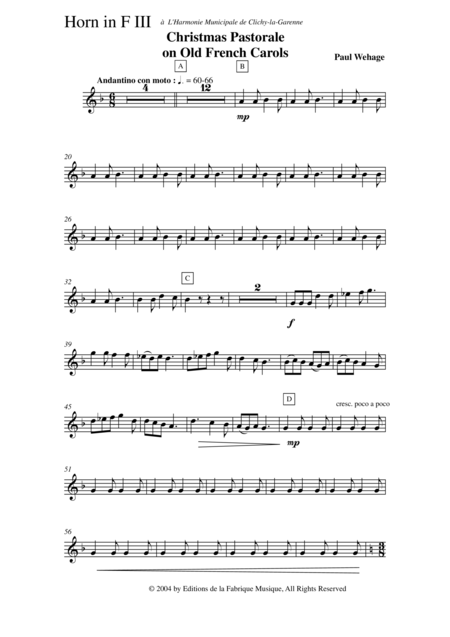 Paul Wehage Christmas Pastorale On Old French Carols For Concert Band 3rd F Horn Part Page 2