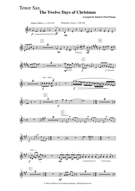 Paul Wehage The Twelve Days Of Christmas Arranged For Concert Band Tenor Saxophone Part Page 2